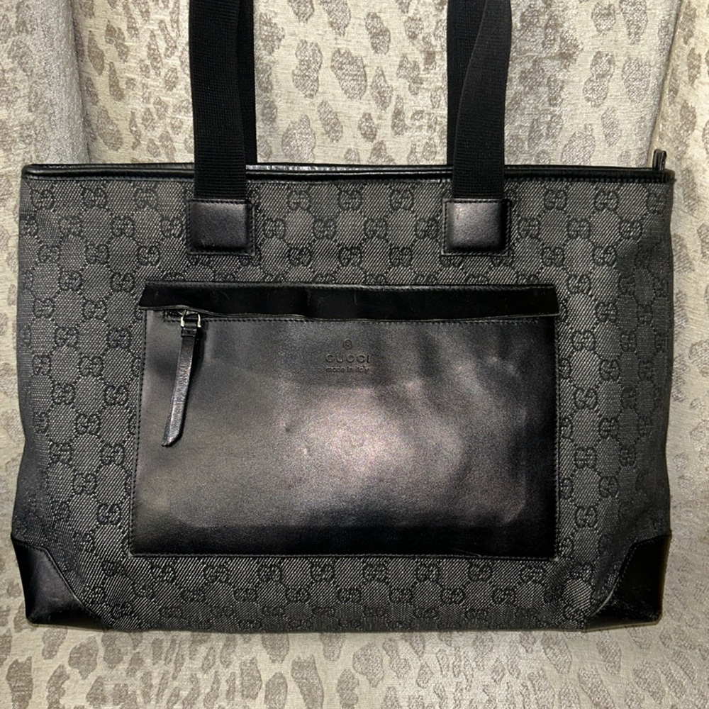 Gucci Black Denim and leather zip top tote bag
